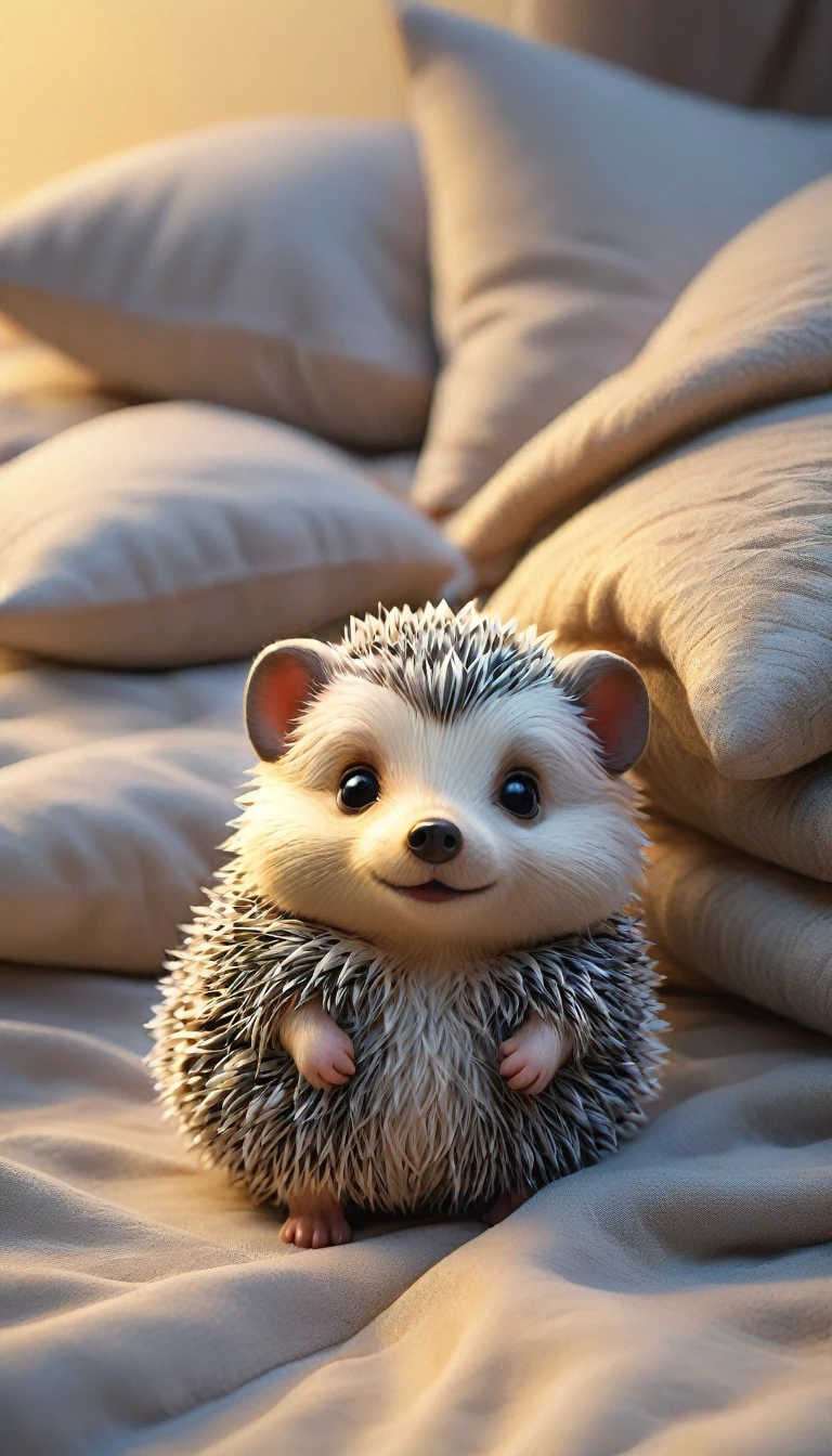 With the sunset in the background,(masterpiece:1.2, high quality), Several baby hedgehogs sleeping together in bed、