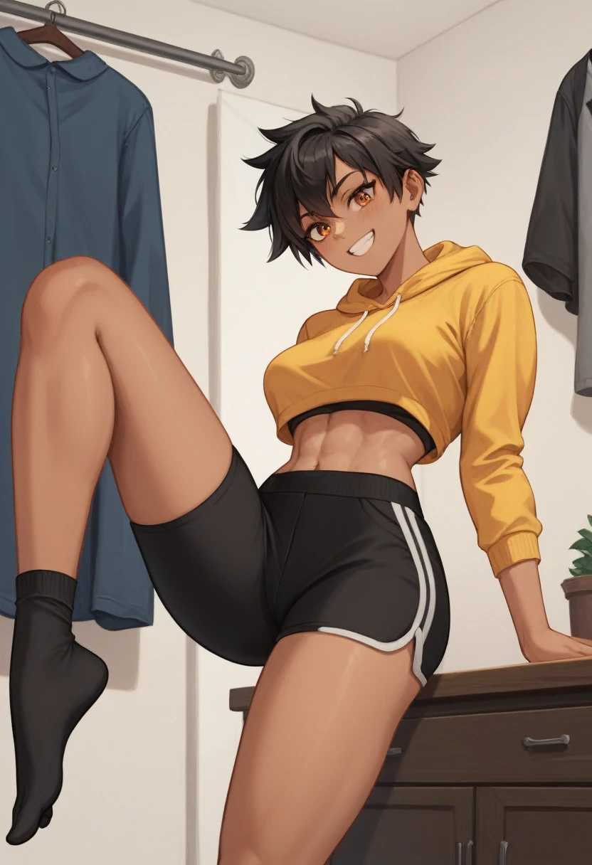 (masterpiece: 1.2), (best quality: 1.2), tomboy, pretty young woman, short messy black hair, pretty orange eyes, tanned skin, yellow long sleeve sweatshirt, black sports pants covering her leg, black socks, (naturally strong body) , beautiful but not very sexy body, medium breasts, natural curves, cute butt, mischievous smile, in the room next to the clothes closet, looking at the viewer with bulging eyes, (NSFW filter).