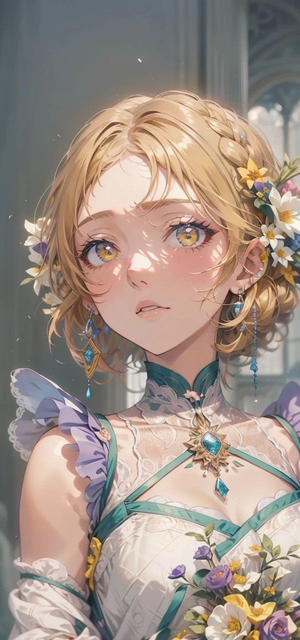 A teenage girl,flowers,Gothic,purple hair,yellow eyes, Hyper-Resolution,accuracy,detail render,(Delicate facial portrayal)(Fine hair portrayal)(highest quality)(Master masterpieces)(High degree of completion)(a sense of atmosphere)masterpiece,ultra - detailed(half-body portrait), 4k eyes quality, Anime style, pixiv