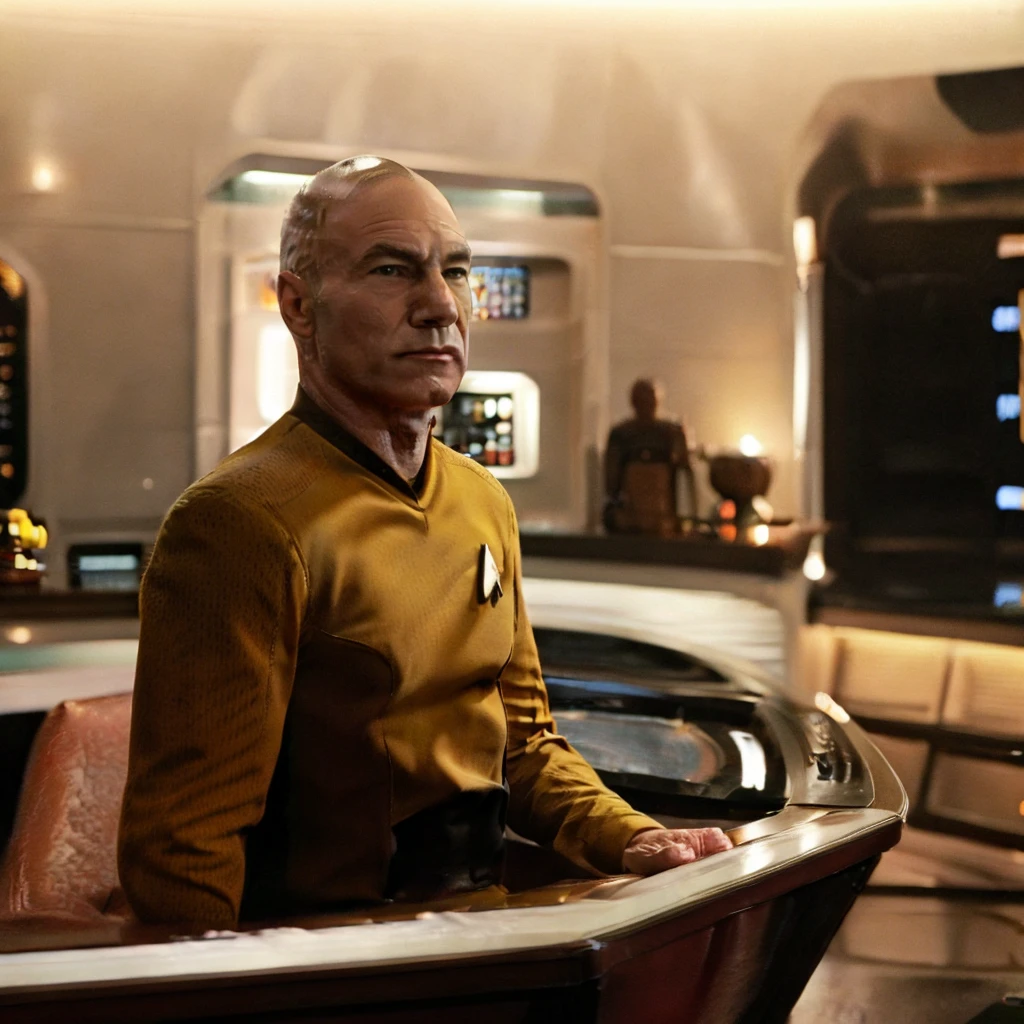 Patrick stewart in yellow stsnwunf uniform,on starship bridge, tng-picard