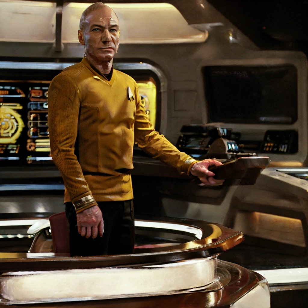 Patrick stewart in yellow stsnwunf uniform,on starship bridge, tng-picard