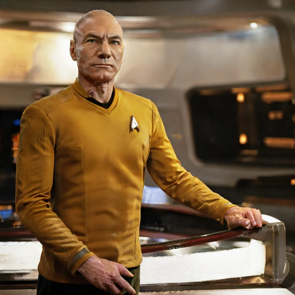 Patrick stewart in yellow stsnwunf uniform,on starship bridge, tng-picard