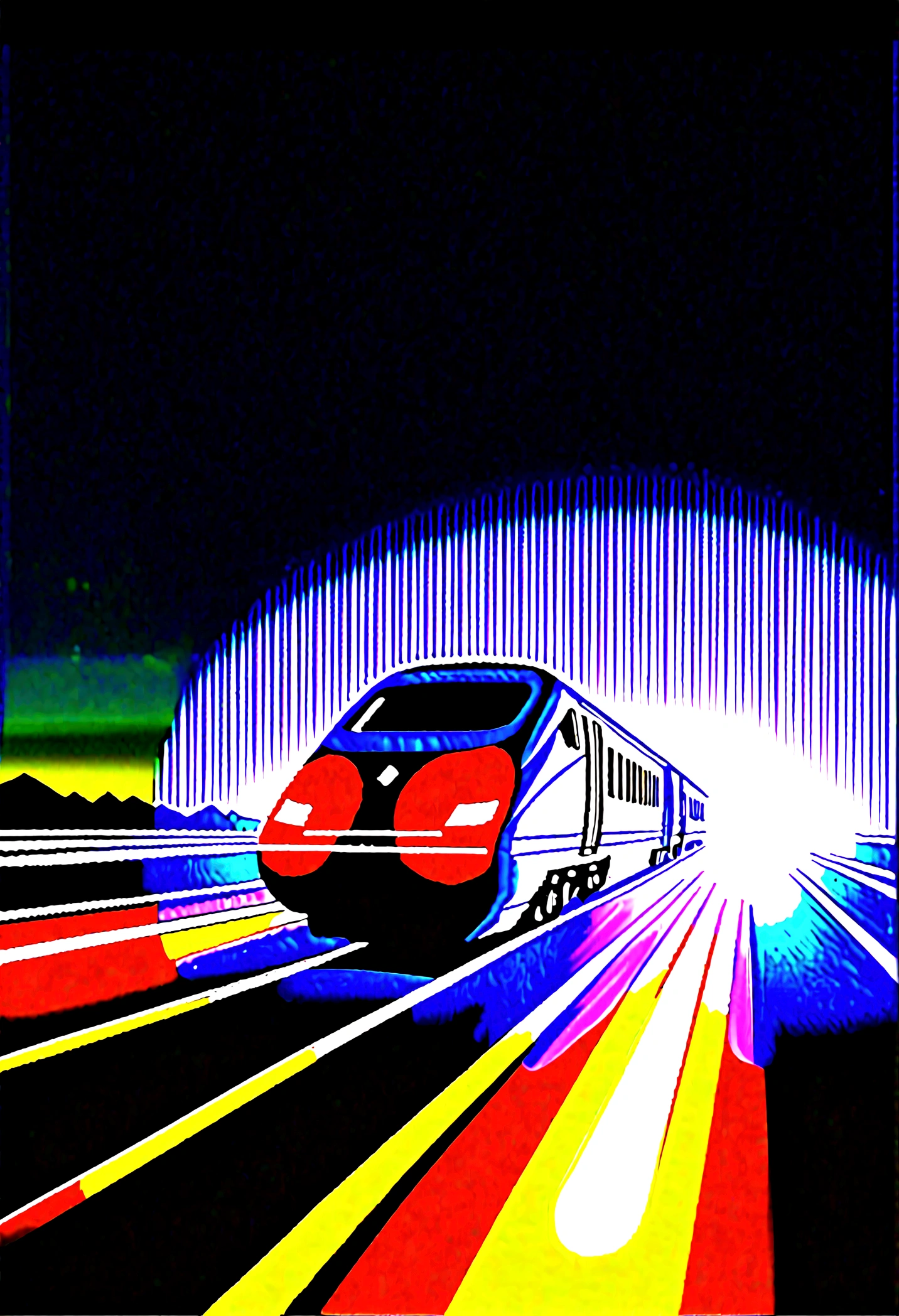 a high-speed girl racing against a beam of light in a dark-themed environment. The setting should be a night landscape, possibly a futuristic urban area or an open countryside under a starry sky. The high-speed train is sleek and modern, moving at incredible speed with motion blur effects and light trails. On the other side, a powerful beam of light is racing alongside the train, creating a dynamic sense of competition. The light beam is intense and radiant, emitting vibrant hues that contrast sharply with the dark surroundings. The environment should include subtle details like distant city lights, shadowy trees, or mountains, adding depth to the scene. Use deep, moody colors and strong contrasts between the dark background and the bright elements of the train and light beam. The overall composition should capture the thrilling energy and high-speed action of the race between the train and the beam of light."