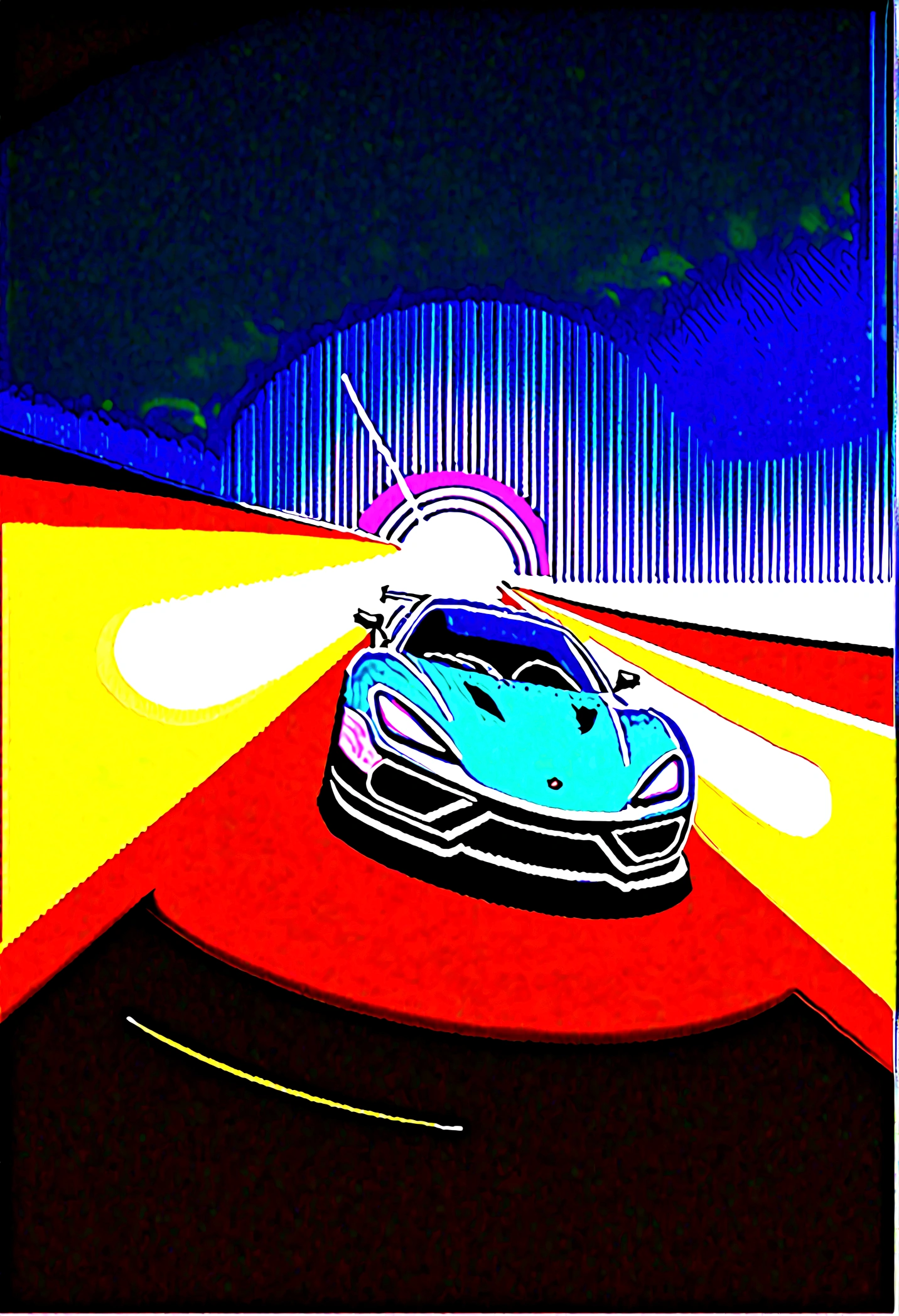 a high-speed girl racing against a beam of light in a dark-themed environment. The setting should be a night landscape, possibly a futuristic urban area or an open countryside under a starry sky. The high-speed train is sleek and modern, moving at incredible speed with motion blur effects and light trails. On the other side, a powerful beam of light is racing alongside the train, creating a dynamic sense of competition. The light beam is intense and radiant, emitting vibrant hues that contrast sharply with the dark surroundings. The environment should include subtle details like distant city lights, shadowy trees, or mountains, adding depth to the scene. Use deep, moody colors and strong contrasts between the dark background and the bright elements of the train and light beam. The overall composition should capture the thrilling energy and high-speed action of the race between the train and the beam of light."