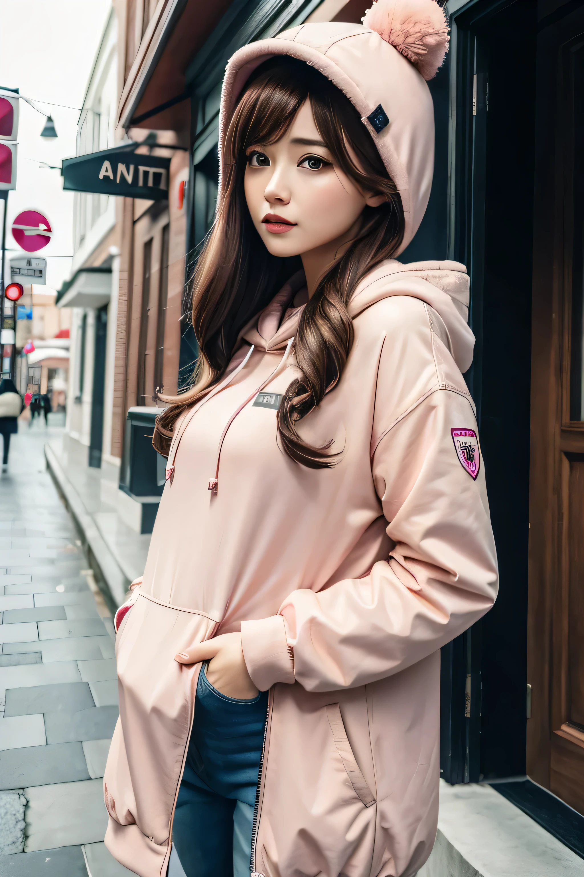 Female character with brown hair and pink hood