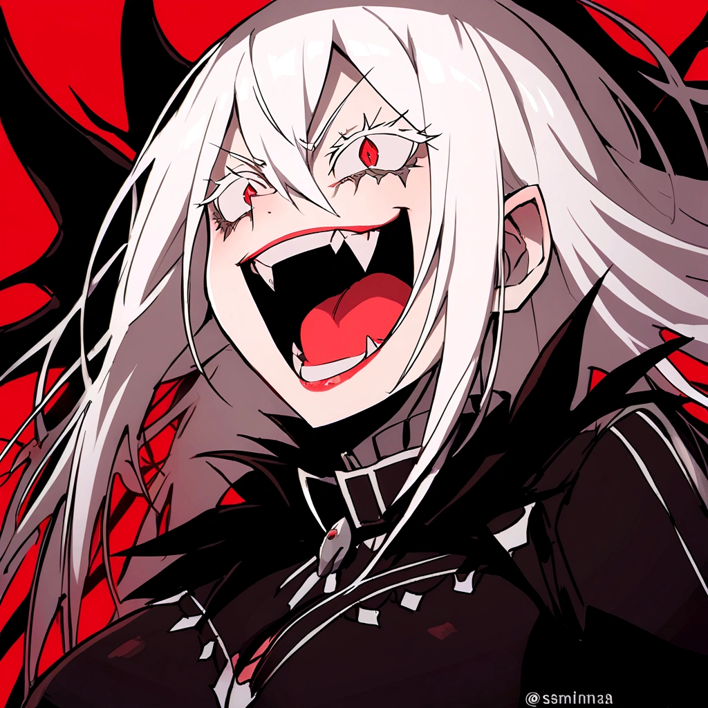 Evil woman, psycho laugh, loca, White hair, thick white eyelashes, fangs, demonic, echidna re:zero, crazy laugh, pure evil, black clothes, red tones, big breasts