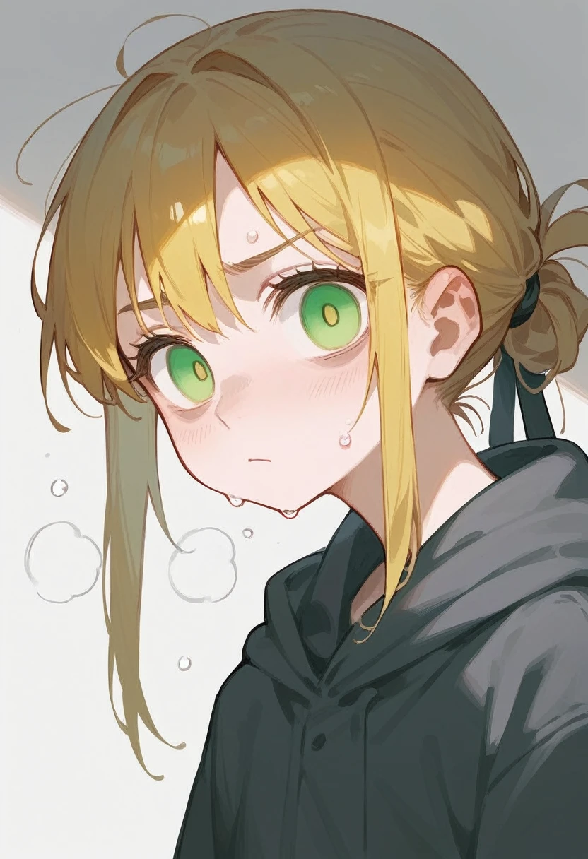 Girl, green eyes, yellow hair tied, shot at the eye, empty eye expression, cold face