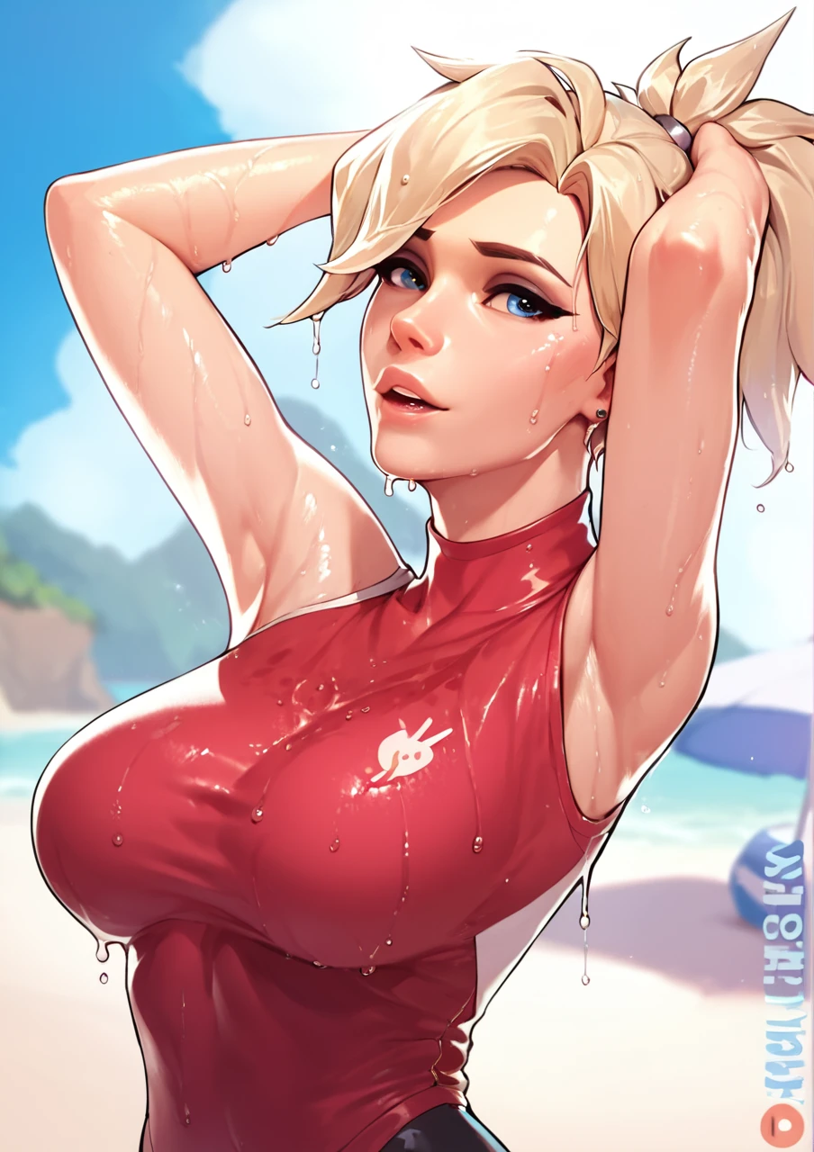 score_9,score_8_up,score_7_up,score_6_up ,source_overwatch score_9, score_8_up, score_7_up, 1woman, solo, mercy \(overwatch\), high quality, at the beach, completely wet, wet hair