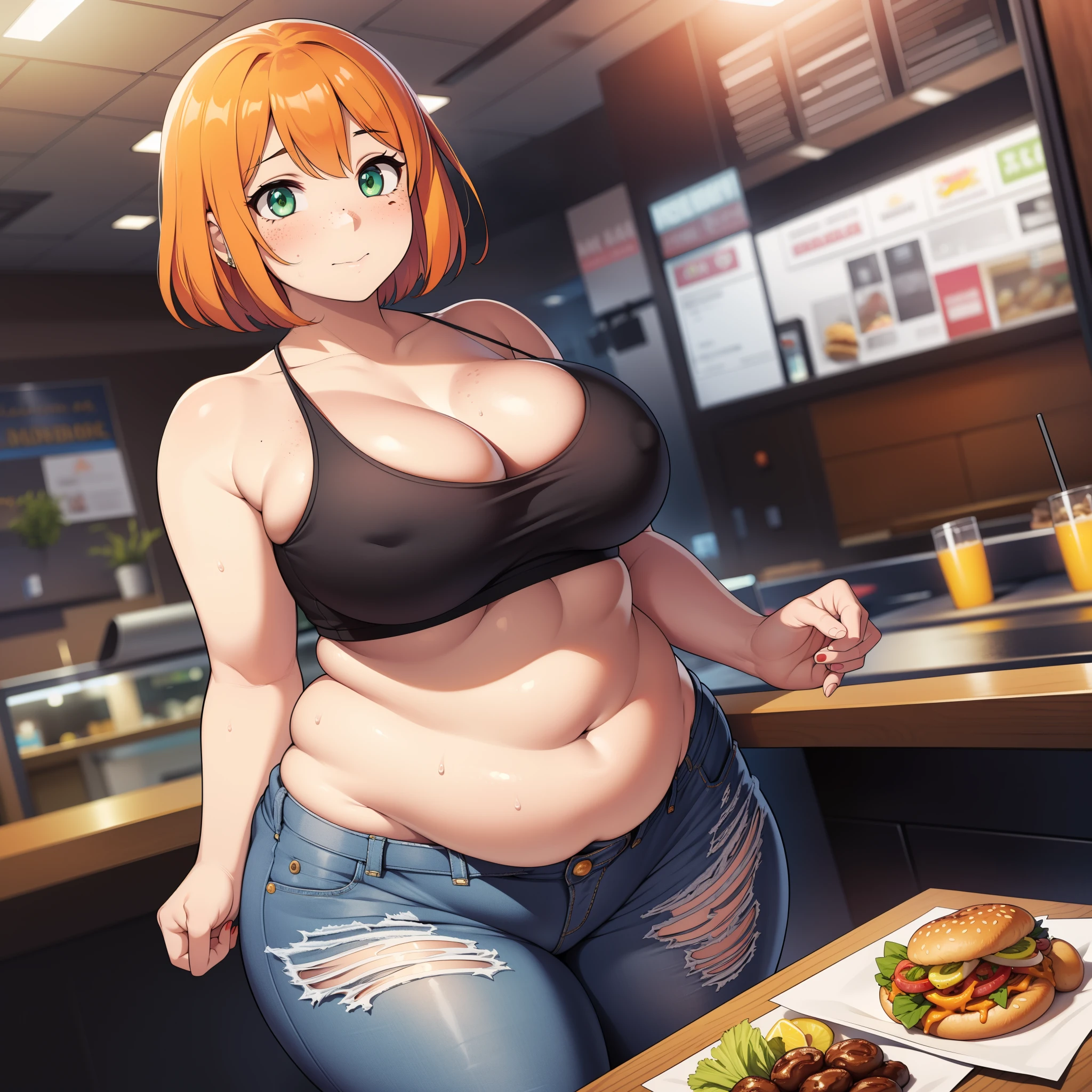 ((highres)), Masterpiece, high quality, best quality, beautiful, perfect lighting, detailed face, ultra cute face, full body, (cowboy shot), ((1girl)), ((solo)), skindentation, orange hair, green eyes, freckles, jeans, tank top, thighs clothes, full body, standing in a fast food restaurant, table full of food, intricate background, medium breasts, perky breasts, cleavage, ((wide hips)), (((thick thighs))), ((plump)), pudgy belly, fat folds, belly hang,