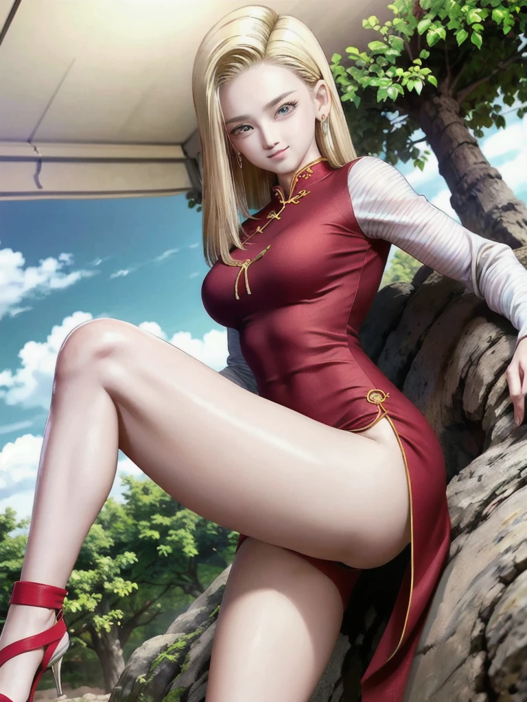 android 18,blonde hair,(((Long Straight Hair))), blue eyes, ((Long Slit Red cheongsam)), Red sexy cheongsam, Red , (Big Breasts), looking at the audience,face smile,close-up, portrait, river,rock, ,tree,blue sky,high quality,masterpiece,sexy body, 8K resolution, clean detailed faces, detailed finger