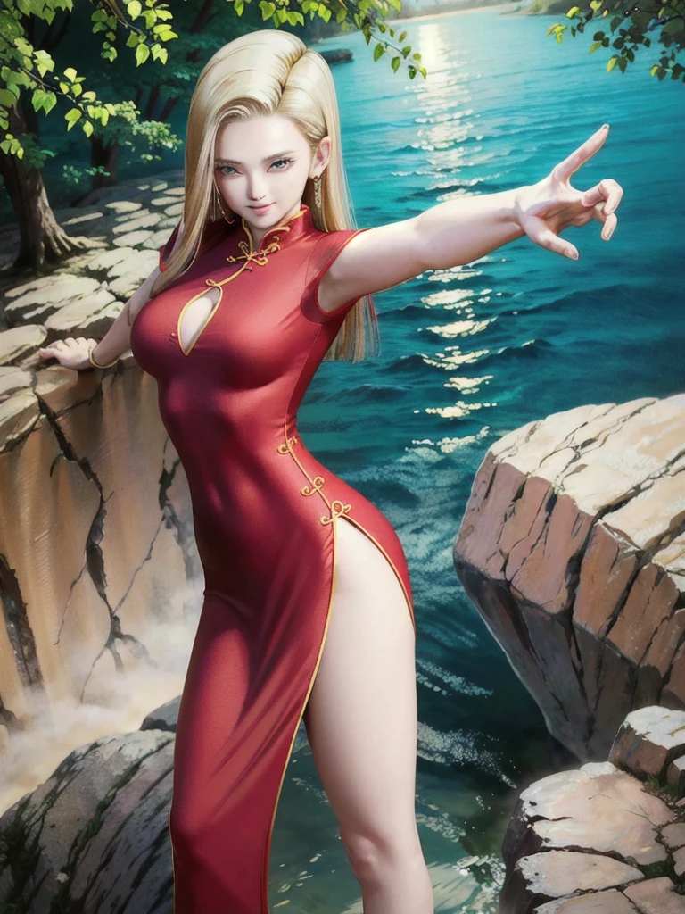 android 18,blonde hair,(((Long Straight Hair))), blue eyes, ((Long Slit Red cheongsam)), Red sexy cheongsam, Red , (Big Breasts), looking at the audience,face smile,close-up, portrait, river,rock, ,tree,blue sky,high quality,masterpiece,sexy body, 8K resolution, clean detailed faces, detailed finger 