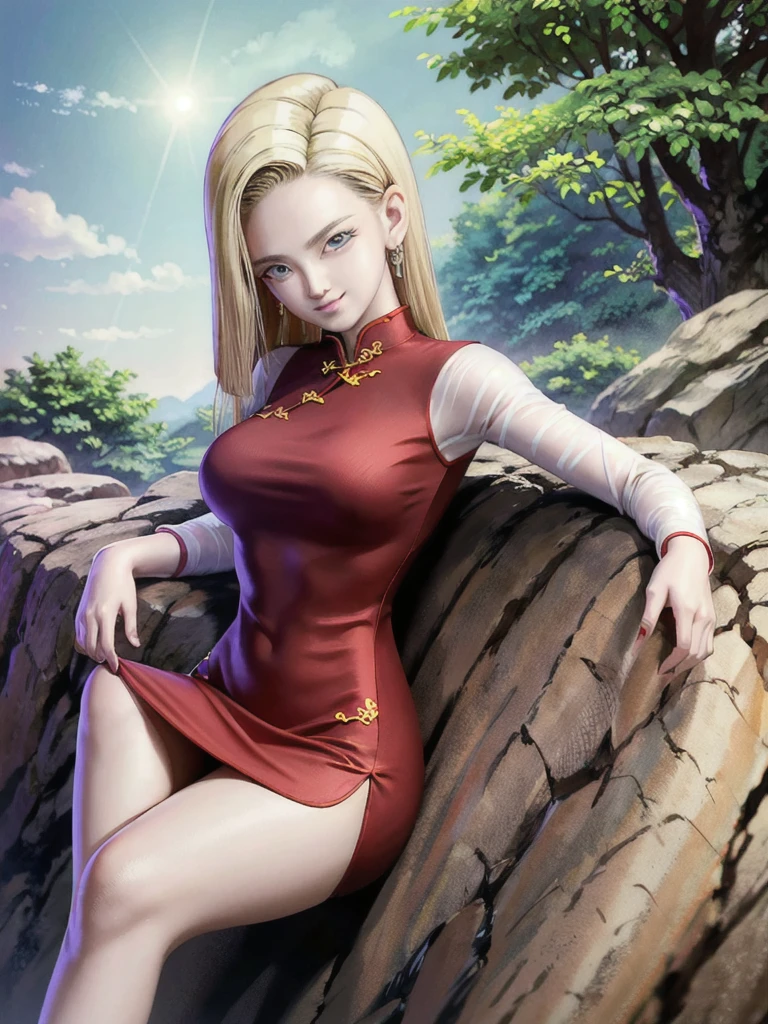 android 18,blonde hair,(((Long Straight Hair))), blue eyes, ((Long Slit Red cheongsam)), Red sexy cheongsam, Red , (Big Breasts), looking at the audience,face smile,close-up, portrait, river,rock, ,tree,blue sky,high quality,masterpiece,sexy body, 8K resolution, clean detailed faces, detailed finger