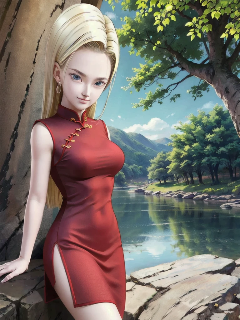android 18,blonde hair,(((Long Straight Hair))), blue eyes, ((Long Slit Red cheongsam)), Red sexy cheongsam, Red , (Big Breasts), looking at the audience,face smile,close-up, portrait, river,rock, ,tree,blue sky,high quality,masterpiece,sexy body, 8K resolution, clean detailed faces, detailed finger 