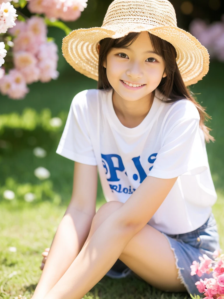 masterpiece, japanese, a little beautiful girl, , beautiful face, smile, look at the camera, straw hat, Wearing shorts and T-shirt, white sneakers. Wearing tops and shorts, flowers, portrait, casual pose, thin legs, solo,