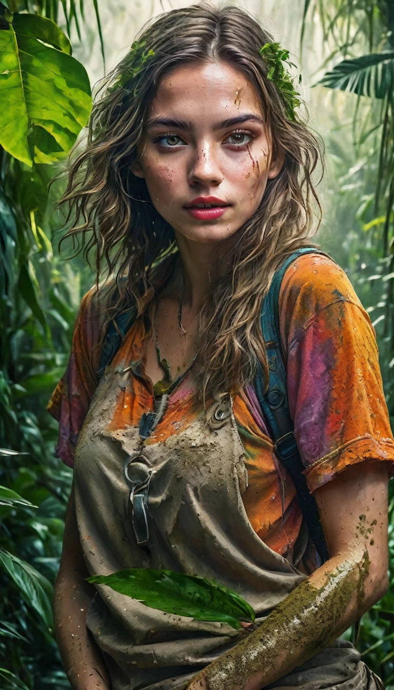 a young woman in a lush jungle, Emma Myers, beautiful detailed eyes, beautiful detailed lips, extremely detailed face, long eyelashes, adventurous expression, dirty torn clothes, covered in mud, holding a large knife, vines and foliage surrounding, vibrant colors, natural lighting, photorealistic, cinematic composition, award winning digital art