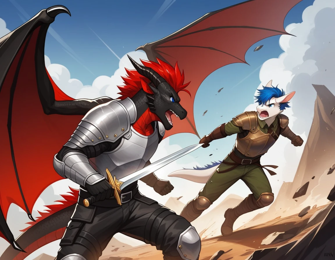 Score_9, score_8_up, score_7_up, source_cartoon, Anthro male, A black dragon, black dragon with red highlights on scales, black and red wings, blue eyes, short red hair, fighting Stannce, wearing knights armor, fighting, holding a sword, on a battlefield, many soldiers in the background, he is screaming, swinging a sword