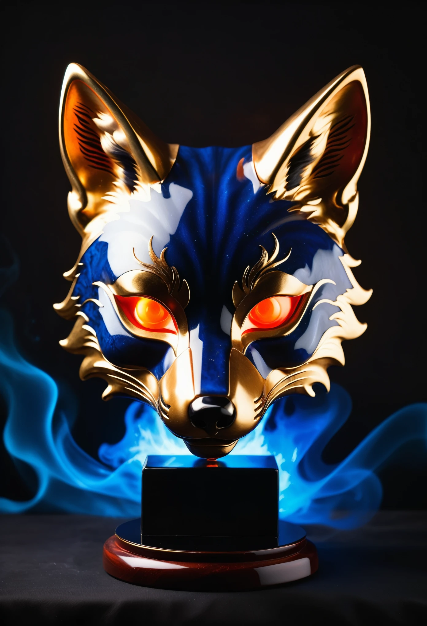 photo, macro, object focus, ((Japanese style Fox mask)), cracked black porcelain, ((kintsugi)), red ribbon, (glowing orange fox eyes in mask sockets), Surreal Imaginative creation Textured Fluid contours Engineered Ornate stand Dark background abundance, surrounded by particles emitting light, ethereal, smoky backdrop. throwing a translucent black/tanslucent black/blue fade, 100mm f/2.8 macro lens, atmospheric haze, Film grain, cinematic film still, shallow depth of field, highly detailed, high budget, cinemascope, moody, epic, OverallDetail, gorgeous, 2000s vintage RAW photo, photorealistic, candid camera, color graded cinematic, eye catchlights, atmospheric lighting, imperfections, natural, shallow dof (set in old Shinto inari shrine)