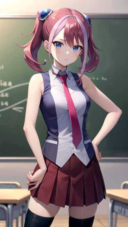 masterpiece, best quality, highres, hy1, hair ornament, multicolored hair, necktie, skirt, sleeveless, , black thighhighs, jewelry, cowboy shot, classroom, peace sign, hand on hip,
