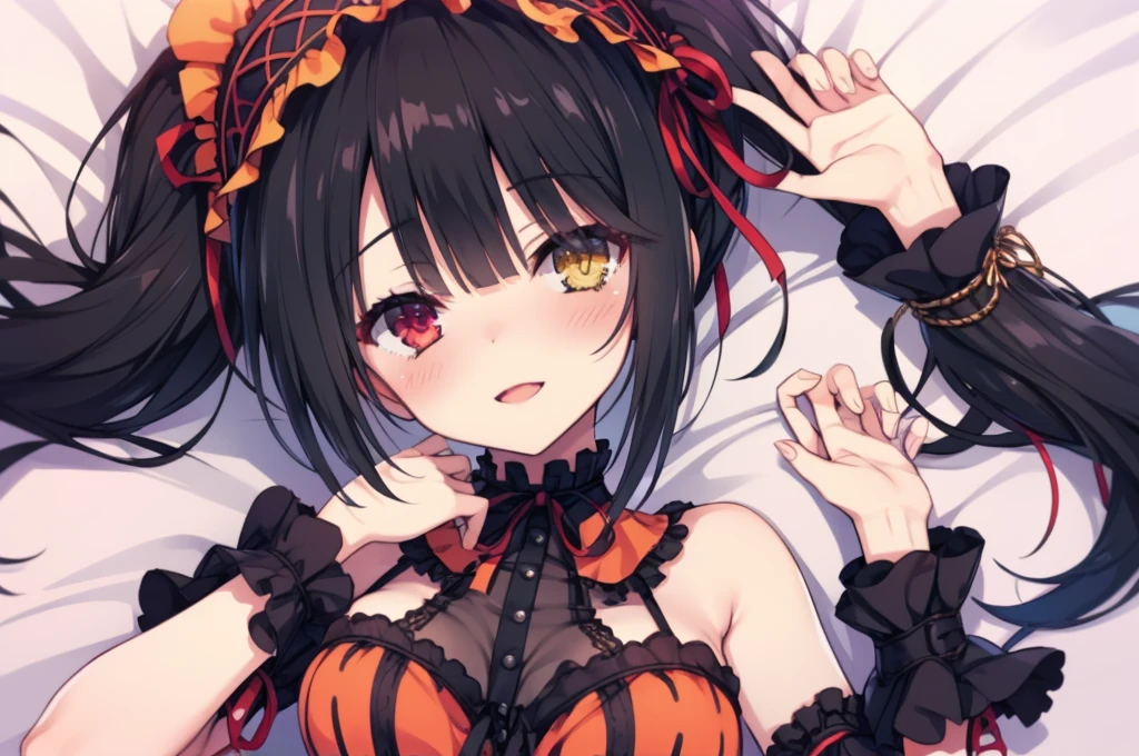 KurumiBase, (clock eyes), heterochromia, twintails, hairband, red dress, frills, detached sleeves, frilled choker,Lying down,bed,Blushing,View your viewers,Open Mouth Smile,Face close up,Simple Background,,best image quality,highest quality