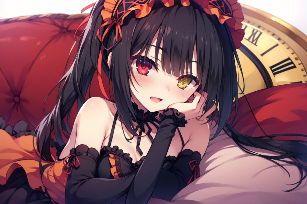 KurumiBase, (clock eyes), heterochromia, twintails, hairband, red dress, frills, detached sleeves, frilled choker,Lying down,bed,Blushing,View your viewers,Open Mouth Smile,Face close up,Simple Background,,best image quality,highest quality