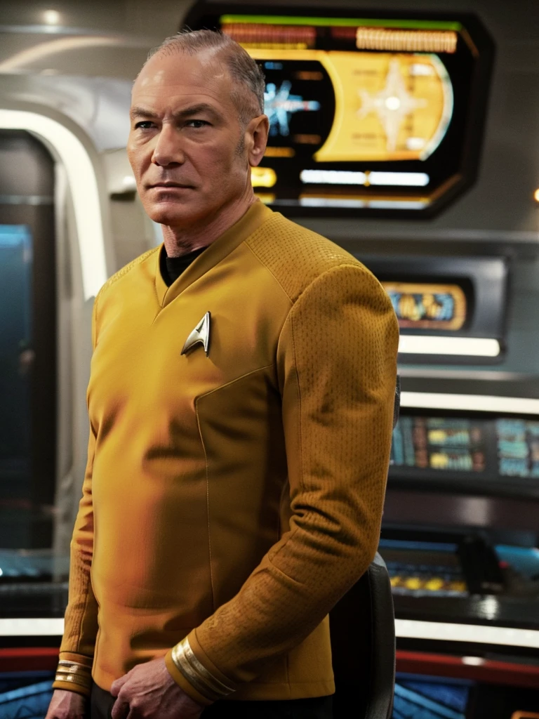 Patrick stewart in yellow stsnwunf uniform,on starship bridge, tng-picard