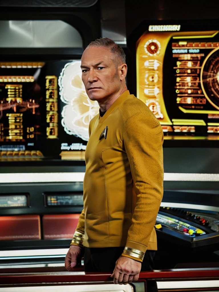 Patrick stewart in yellow stsnwunf uniform,on starship bridge, tng-picard