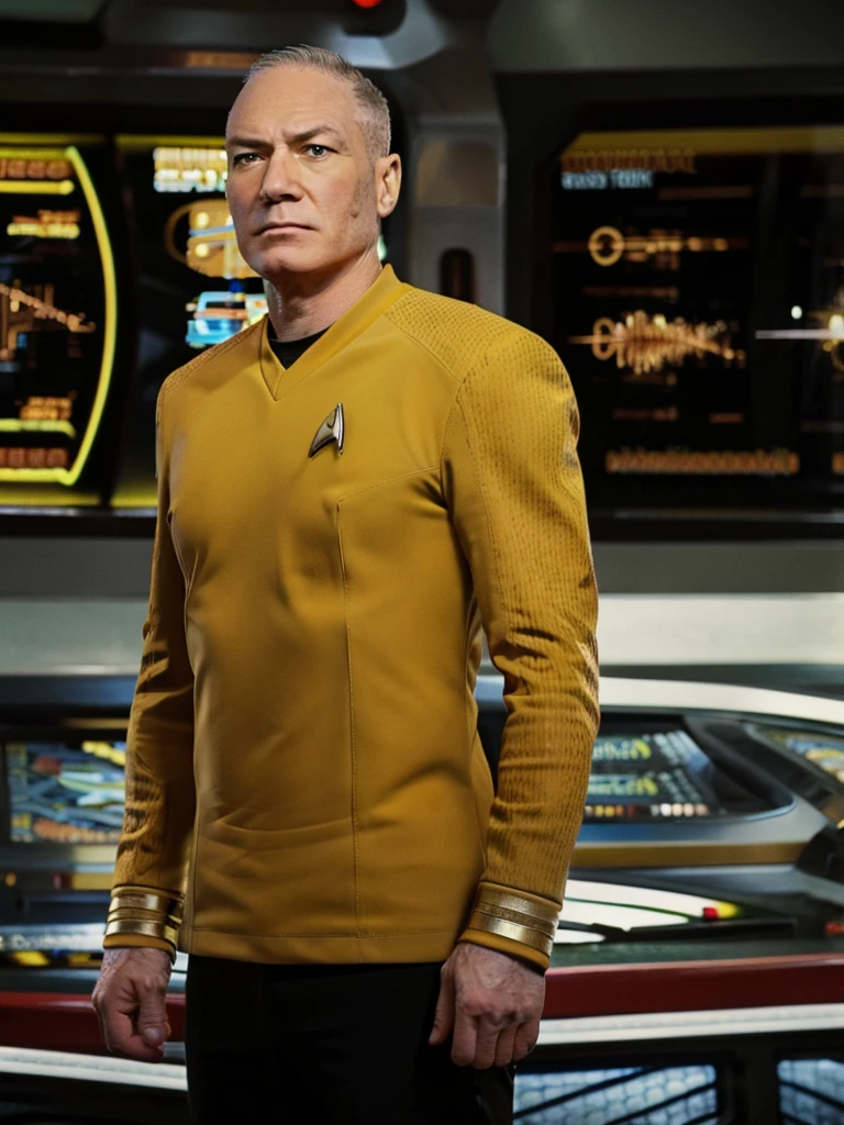 Patrick stewart in yellow stsnwunf uniform,on starship bridge, tng-picard