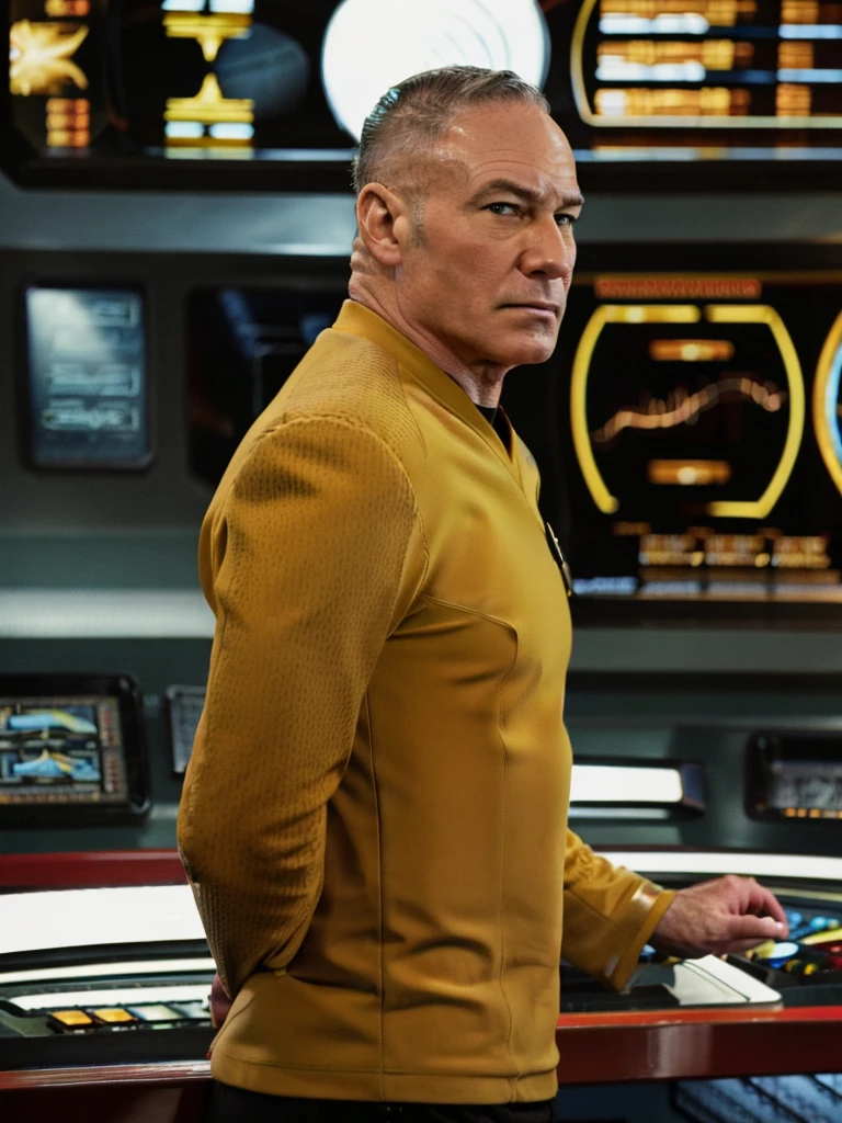 Patrick stewart in yellow stsnwunf uniform,on starship bridge, tng-picard