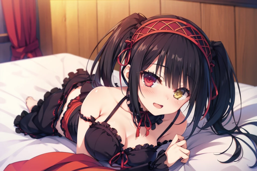 KurumiBase, (clock eyes), heterochromia, twintails, hairband, red dress, frills, detached sleeves, frilled choker,Lying down,bed,Blushing,View your viewers,Open Mouth Smile,Face close up,Simple Background,,best image quality,highest quality