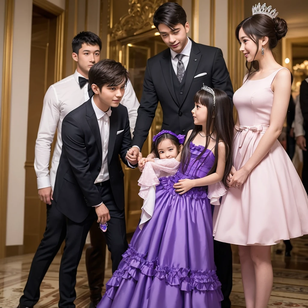 A man in a suit holding a princess girl wearing a purple dress with frills, anime official