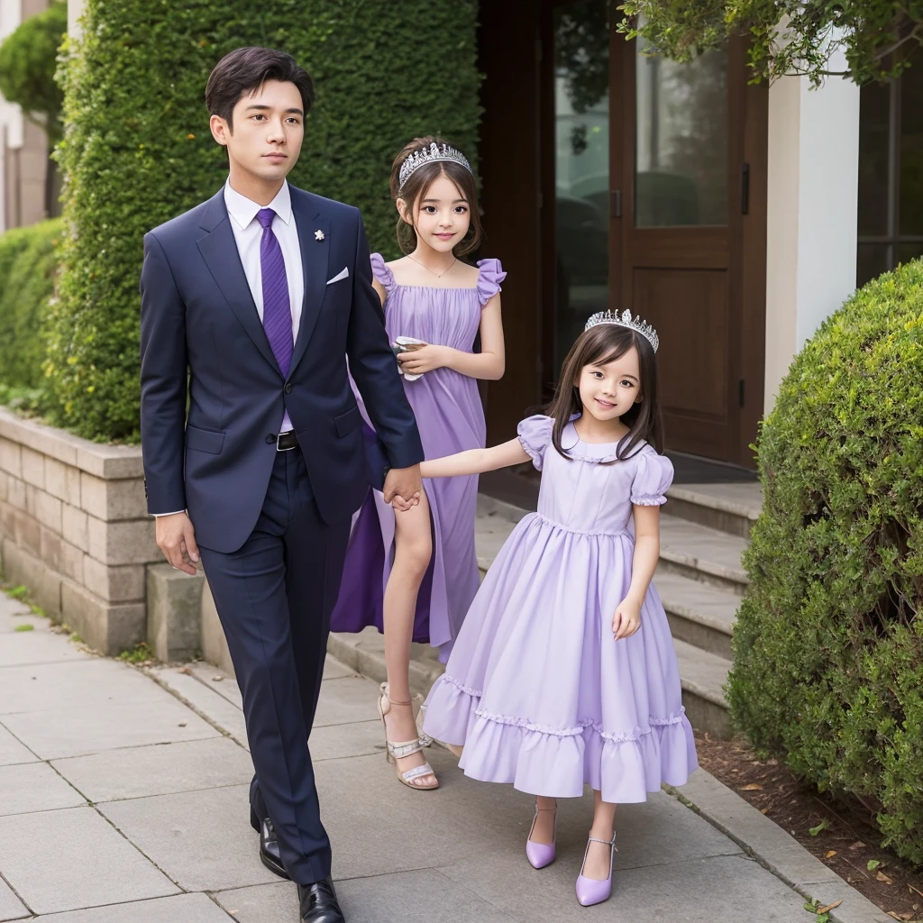 A man in a suit holding a princess girl wearing a purple dress with frills, anime official