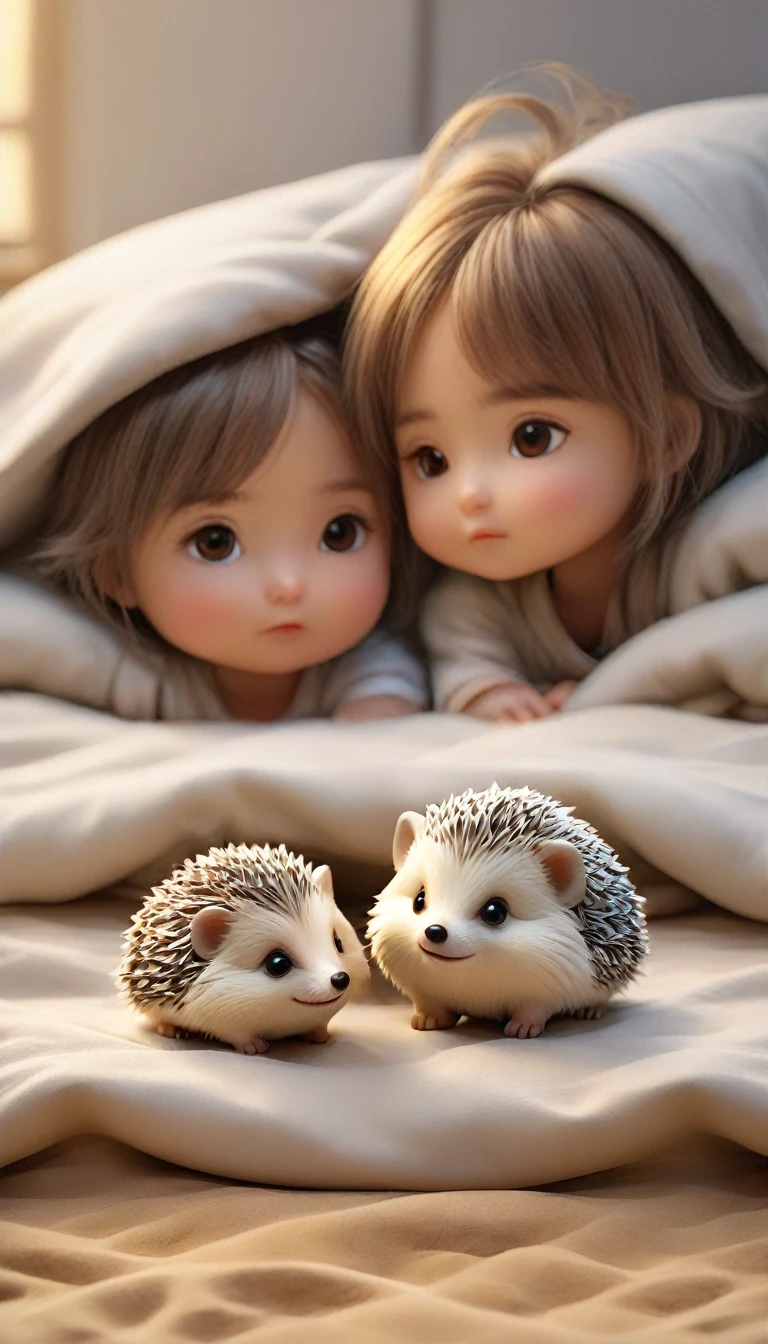 With the sunset in the background,(masterpiece:1.2, high quality), Several  hedgehogs sleeping together in bed、