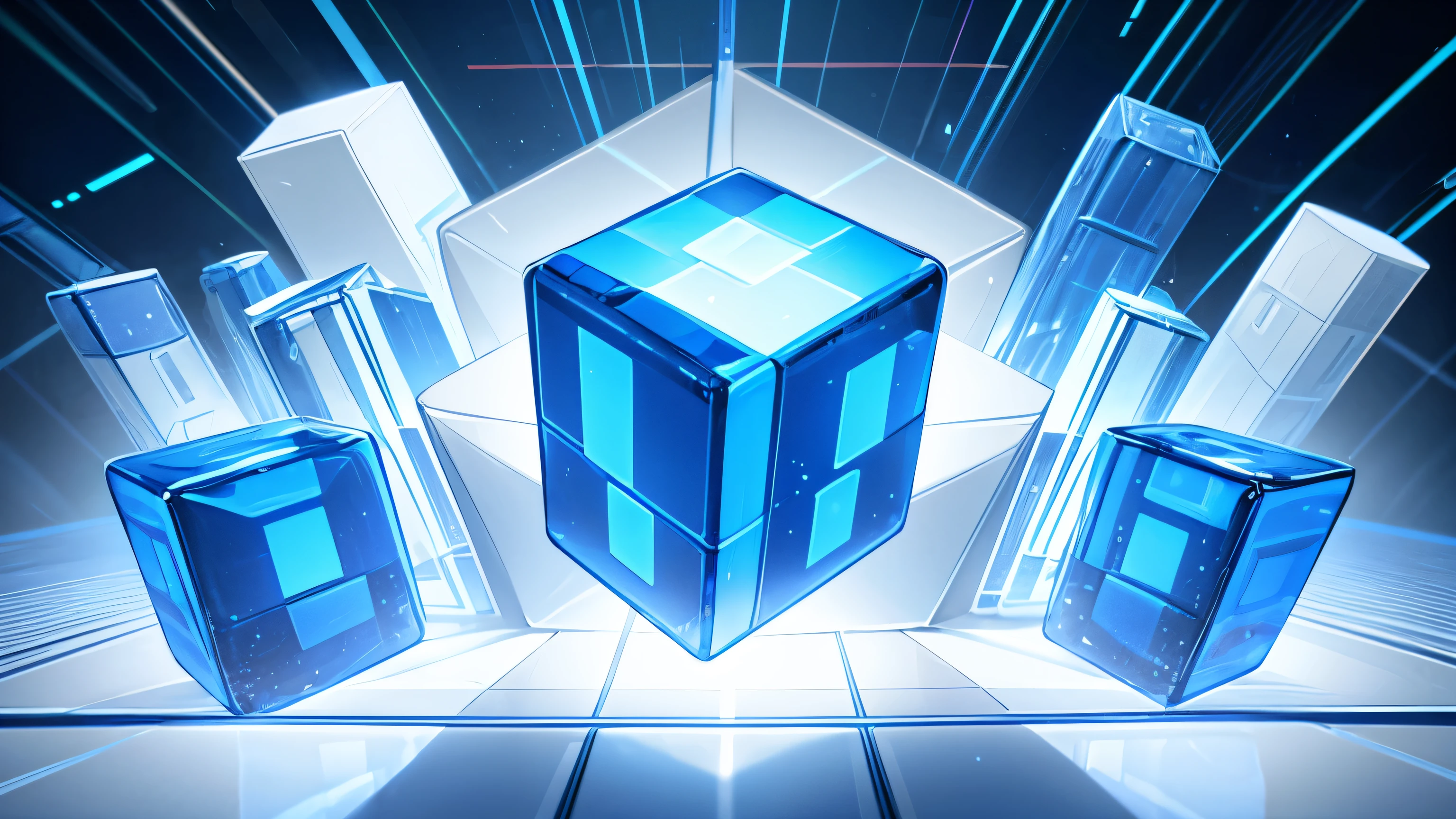 Blue and white background, light blue cubes with icons of different products floating in the air, digital technology style, 3D rendering, high quality, high detail, high definition, high pixelated, high sharpness, high contrast, high color saturation, high natural lighting, high octane render, high depth of field