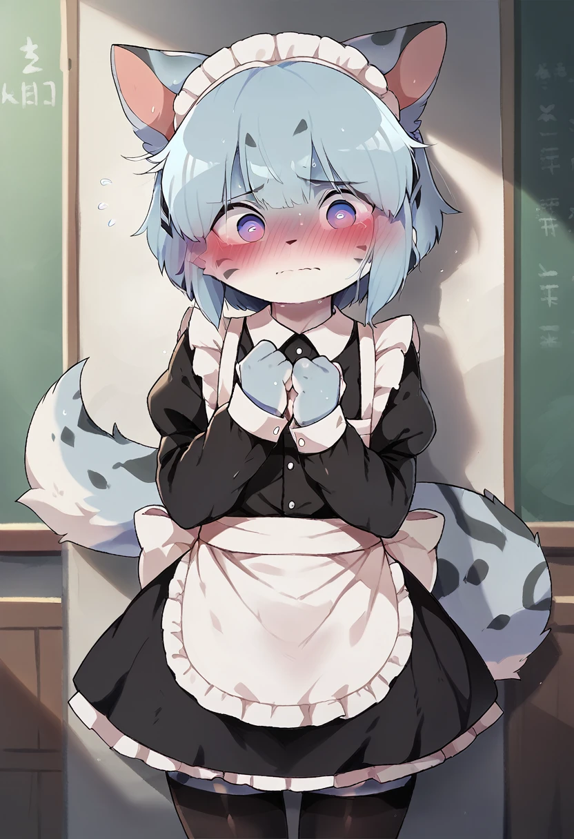 One Girl、Maid clothes、Black tights、Blushing、Look Away、Embarrassed、Hide your face、Furry、Pull up your skirt