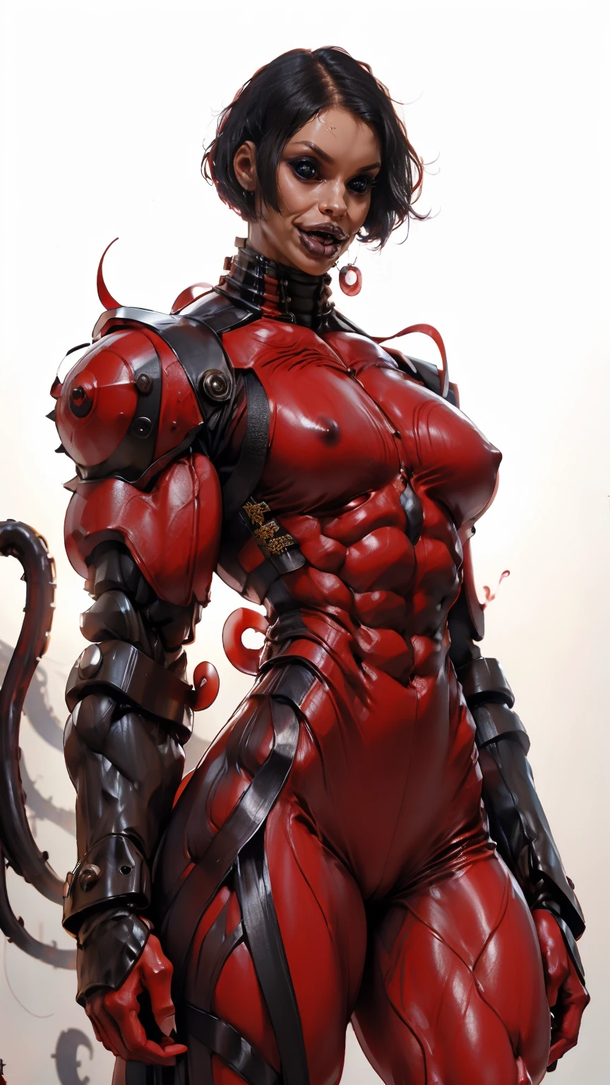 megan fox as a vampiric muscular red carnage, (hair made of jelly fish tendrils:1.25),(red carnage anatomic muscular bio-mecha muscle suit:1.25), (body totally covered in muscles, veins, tendons), (mouth wide open with tongue out:1.25), (perfect muscular anatomy),  