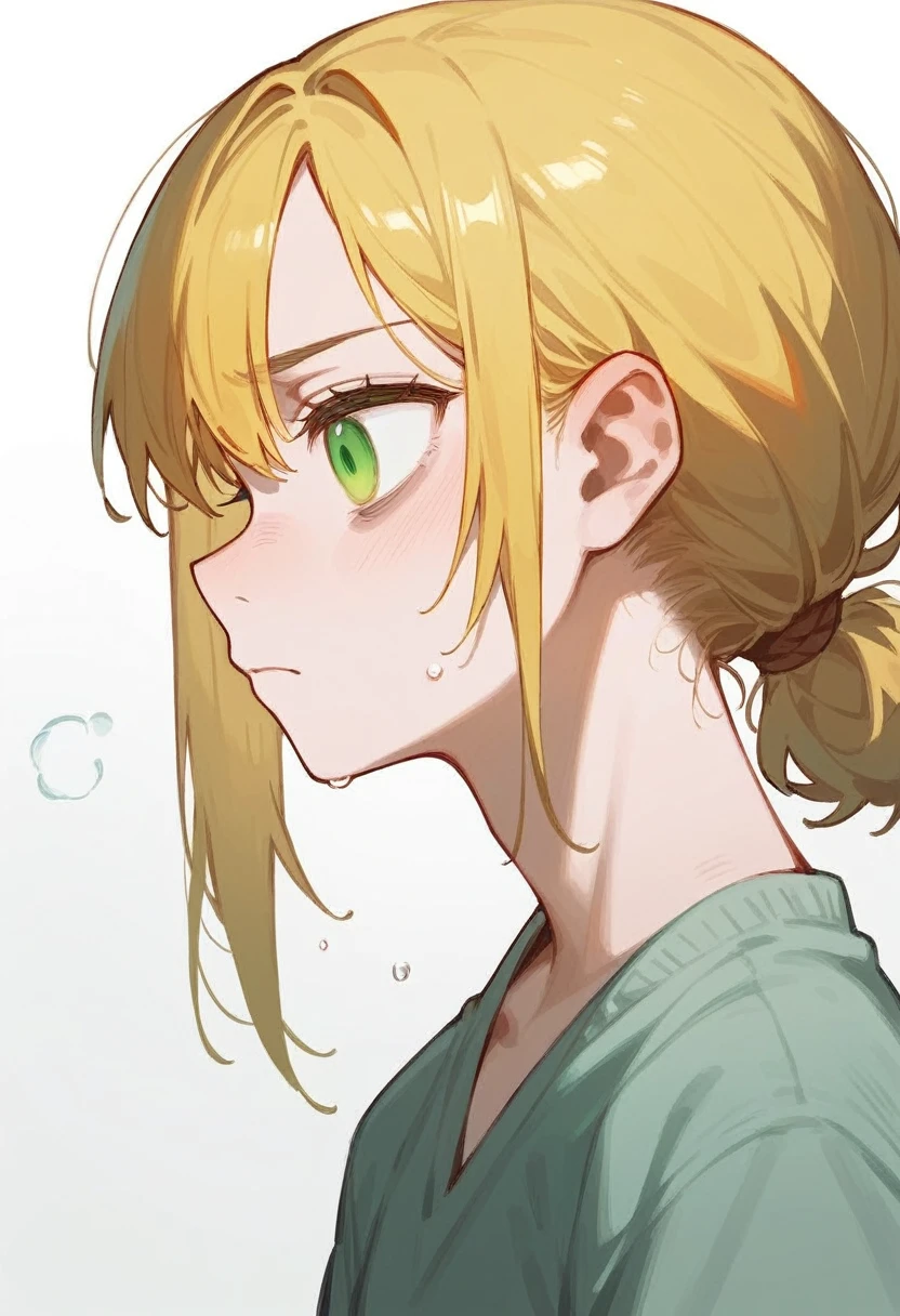 Girl, green eyes, yellow hair tied, eye portrait, empty eye expression, cold face, profile portrait