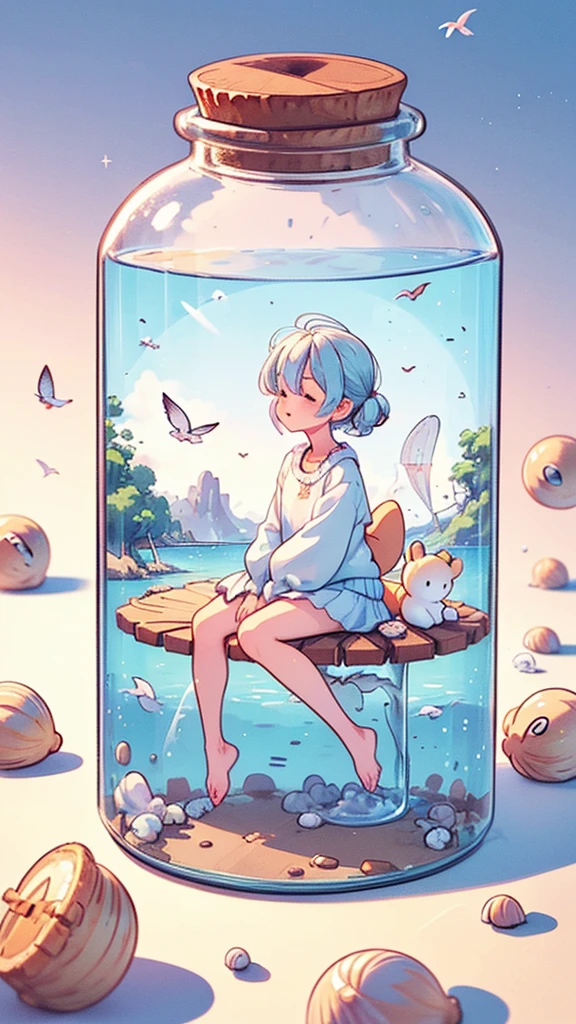 "Create an illustration of Winnie The Pooh sitting peacefully by a serene seaside, with gentle waves lapping at the shore. Include soft, pastel colors to evoke a sense of calmness and tranquility. Pooh should be portrayed with a content expression, perhaps holding a jar of honey, surrounded by seashells and a few seagulls in the background."