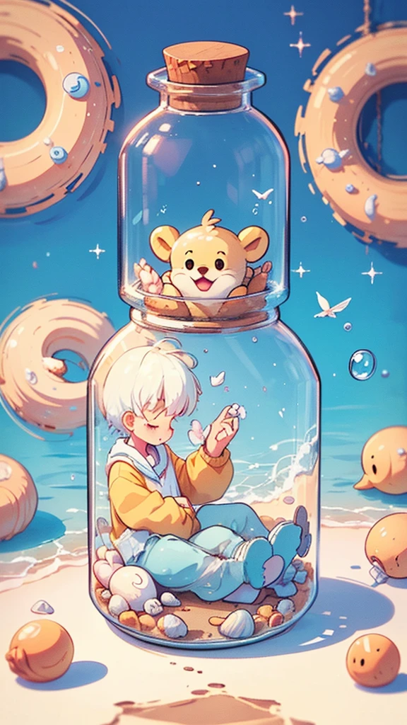 "Create an illustration of Winnie The Pooh sitting peacefully by a serene seaside, with gentle waves lapping at the shore. Include soft, pastel colors to evoke a sense of calmness and tranquility. Pooh should be portrayed with a content expression, perhaps holding a jar of honey, surrounded by seashells and a few seagulls in the background."