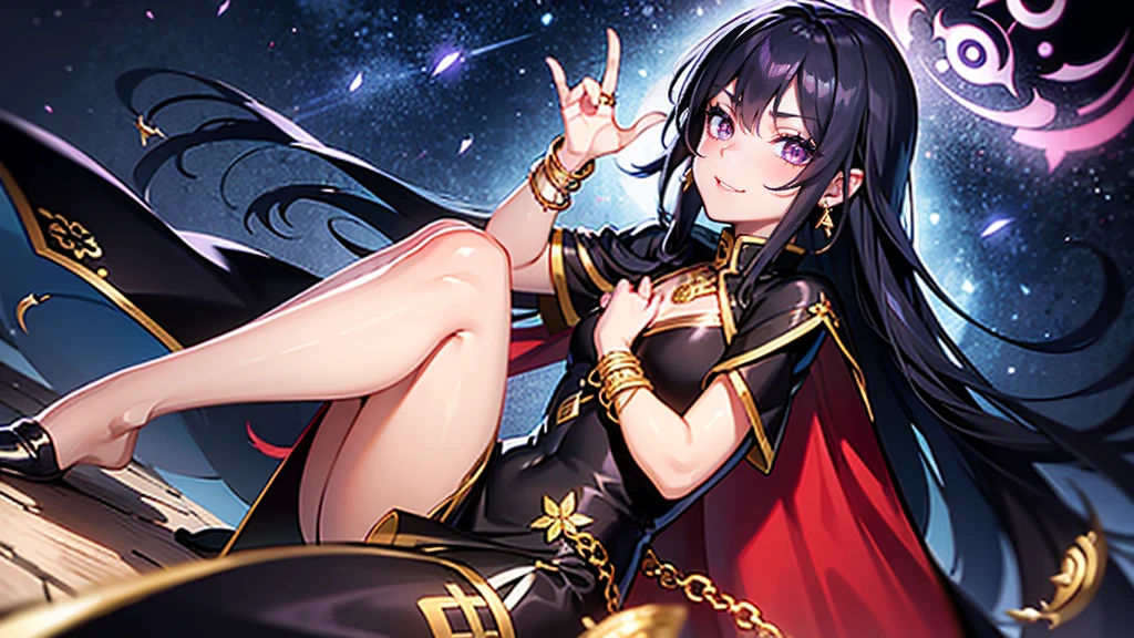 transformation, knight, pinup, after transformation, long hair, ecstasy, blush, evil smile, Qipao, aurora, meteor shower, Raising hand skyward, black hair, cape, destroying, Casting a darkness destruction spell, purple eyes, knee boots, stand-up collar, black long china dress, piercings, octagonal yin yang mirror, 1 boy, femboy, runes, gold decoration, earrings, chains, bracelets, yin yang, belts, tassel, beautiful art, depth of field, high res, perfect face, detailed outfit