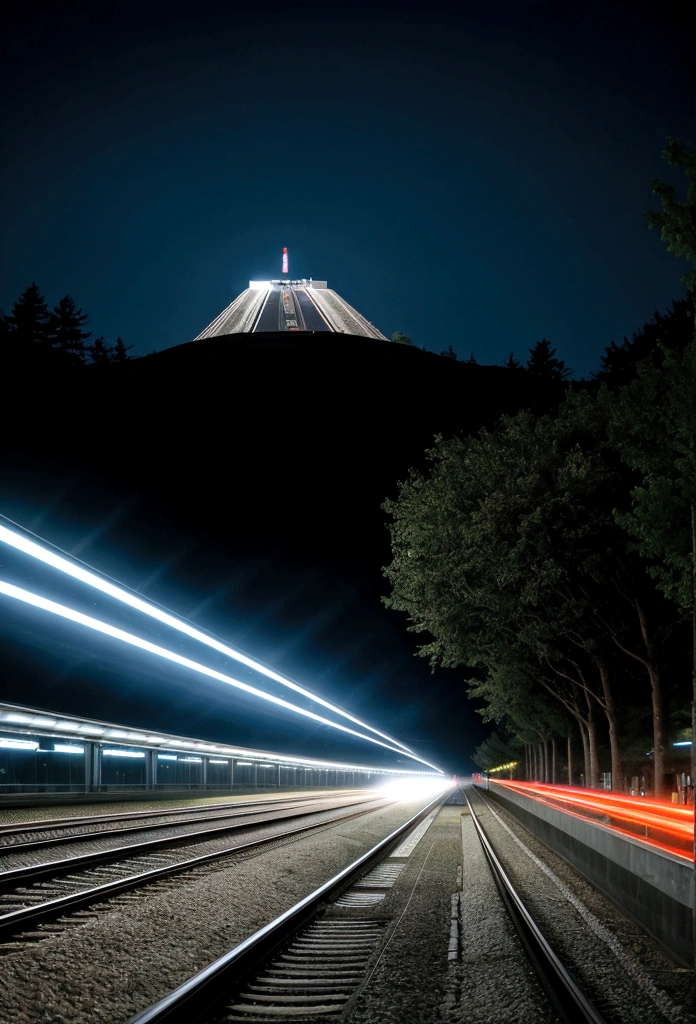 a high-speed train racing against a beam of light in a dark-themed environment. The setting should be a night landscape, possibly a futuristic urban area or an open countryside under a starry sky. The high-speed train is sleek and modern, moving at incredible speed with motion blur effects and light trails. On the other side, a powerful beam of light is racing alongside the train, creating a dynamic sense of competition. The light beam is intense and radiant, emitting vibrant hues that contrast sharply with the dark surroundings. The environment should include subtle details like distant city lights, shadowy trees, or mountains, adding depth to the scene. Use deep, moody colors and strong contrasts between the dark background and the bright elements of the train and light beam. The overall composition should capture the thrilling energy and high-speed action of the race between the train and the beam of light."