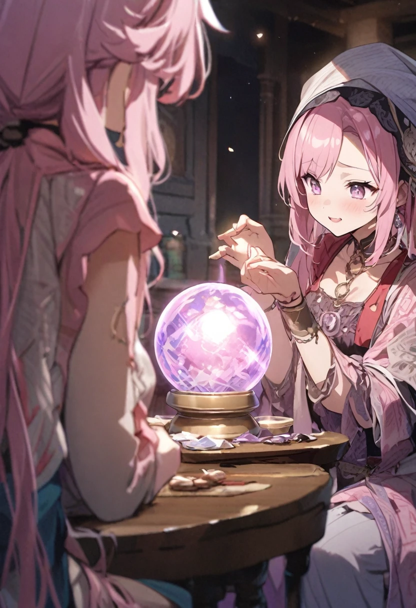 Looking into the crystal ball、Fortune telling、Pink haired woman