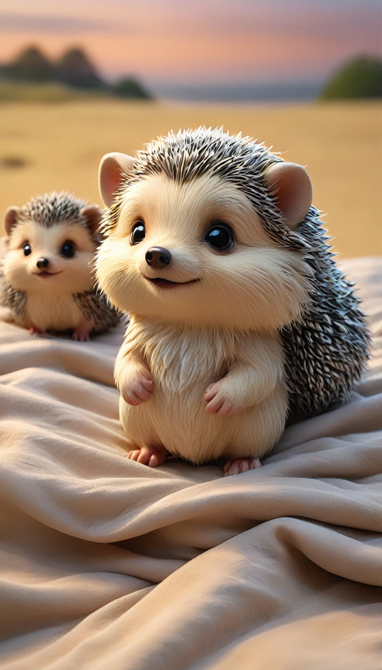With the sunset in the background,(masterpiece:1.2, high quality), Several baby hedgehogs sleeping together in bed、