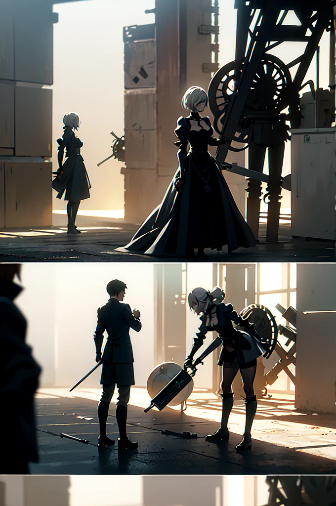 Renaissance painting, dynamic, work of art, girl and guy, two b and nine s, perspective, composition, dynamic pose, anime semirealism art, nier automata fan art, gentle, epic