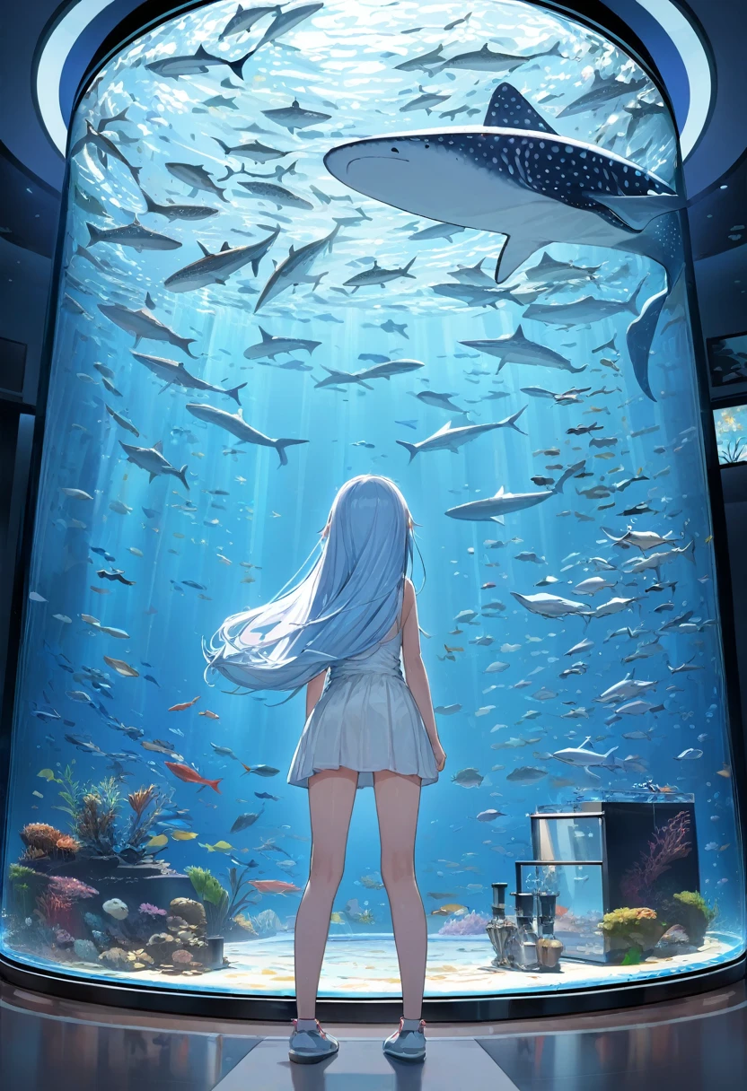 masterpiece, best quality, extremely detailed, (illustration, official art:1.1), 1 girl ,(((( light blue long hair)))), ,(((( light blue long hair)))),light blue hair, long hair ((blush)) , cute face, big eyes, masterpiece, best quality,(((((a very delicate and beautiful girl,))))),Amazing,beautiful detailed eyes,blunt bangs、((((little delicate girl)))),tareme(true beautiful:1.2), sense of depth,dynamic angle, ,, (masterpiece, highest quality), Beautiful illustrations,Wide aquarium, Long Eyelashes, aquarium、A girl standing in front of a huge aquarium、Large single glass aquarium、Dimly lit interior、Quiet atmosphere、Girl looking up at a fish tank、There is a girl in the center、Angle of view from the rear、A tank much taller than the girl ,Whole body,full body,(((Whale shark and lots of swimming fish))) aquarium、A girl standing in front of a huge aquarium、Large single glass aquarium、Dimly lit interior、Quiet atmosphere、Girl looking up at a fish tank、There is a girl in the center、Angle of view from the rear、A tank much taller than the girl、Dolphin tank
