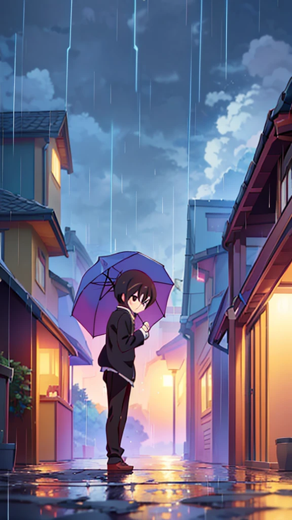 anime boy with umbrella and cat in rain, makoto shinkai cyril rolando, artwork in the style of guweiz, cute anime, raining!, anime picture, loish and goro fujita, raining!!, anime visual of a cute cat, by Kubisi art, in the rain, in anime style, by Yuumei