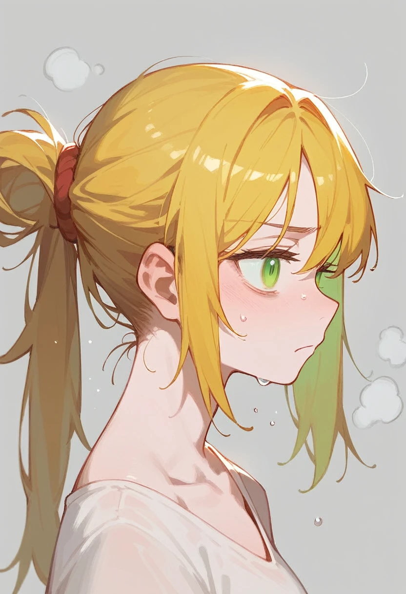 Girl, green eyes, yellow hair tied, eye portrait, empty eye expression, cold face, profile portrait
