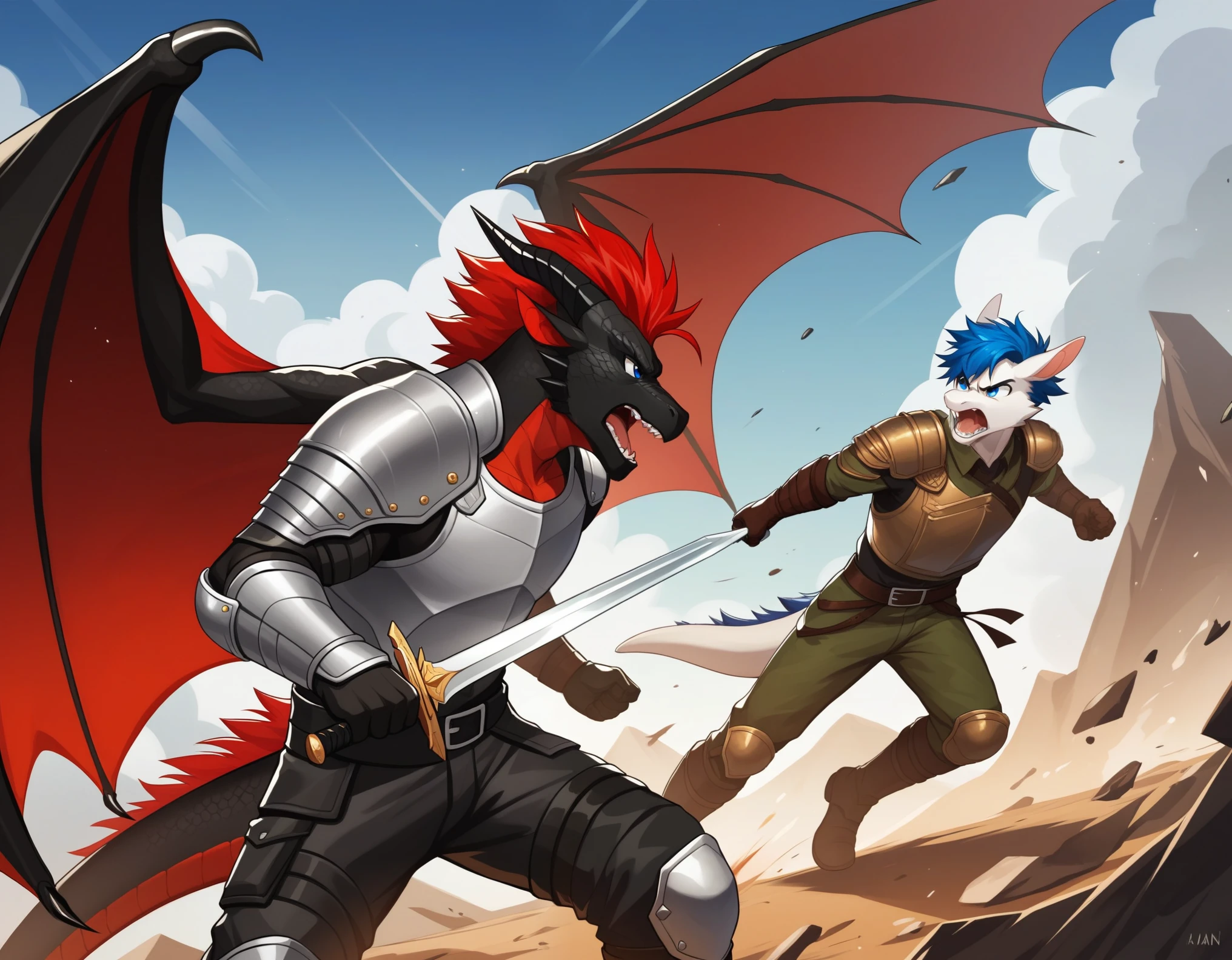 Score_9, score_8_up, score_7_up, source_cartoon, Anthro male, A black dragon, black dragon with red highlights on scales, black and red wings, blue eyes, short red hair, fighting Stannce, wearing knights armor, fighting, holding a sword, on a battlefield, many soldiers in the background, he is screaming, swinging a sword
