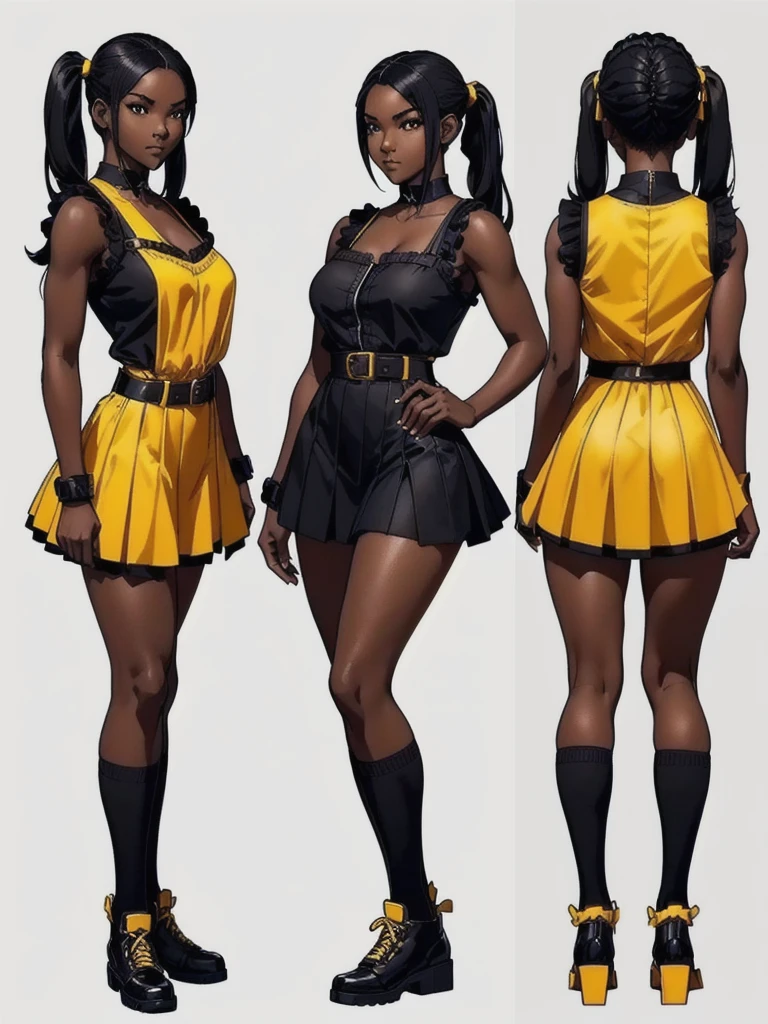 ((best quality)), ((4k)), ((highres)), ((masterpiece:1.2)). ((detailed)), ((ultra realistic)), ((intricate details)), ((full body picture)), ((character design sheet)), ((blank background)), ((standing in a blank background)), full body shot of a beautiful black female, ebony beauty, woman, 18 years old girl, dark brown skin, about 5'5 ft. tall, smirk on her face, ((smirking)), long curly black hair, ((long curly hair)), long hair, high pigtails, (((high pigtails)), dressed in a yellow sleeveless babydoll dress, ((EMPHASIS ON HER YELLOW SLEEVELESS BABYDOLL DRESS)), black leather belt on her waist, bare legs, yellow school girl HIGH SOCKS AND school girl BLACK SHOES, fighting game character design, tekken character design, the king of fighters character concept art, character concept art, full body, 18 years old female fighter, girly girl, cute girl, girly fighter character concept art
