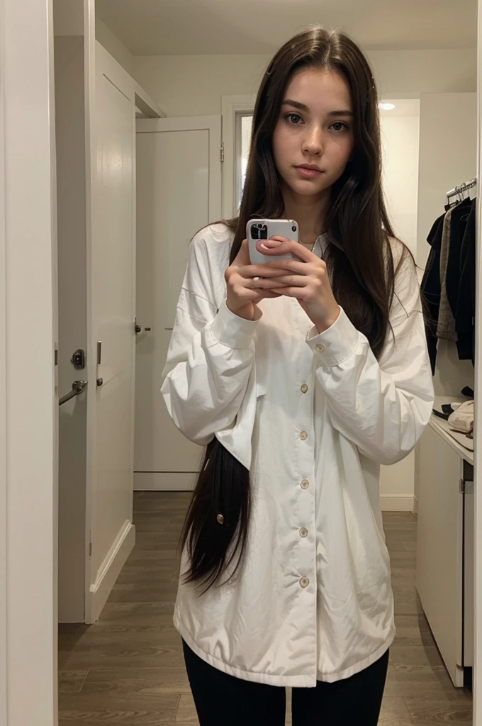 white girl taking a selfie with her cell phone, alone, leaked image, 21 year old female model, long dark hair