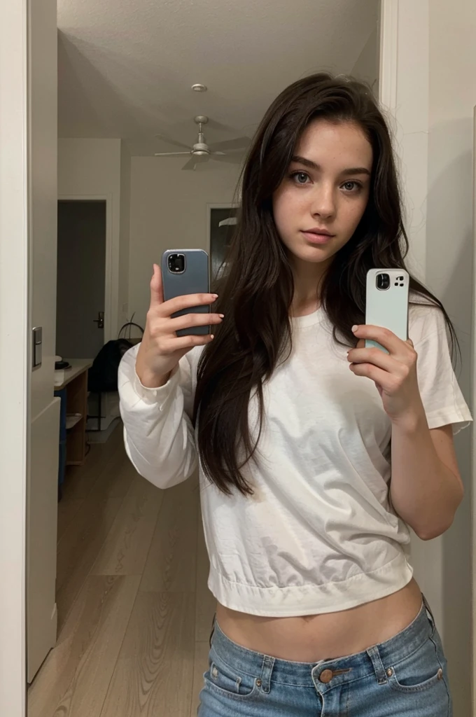 white girl taking a selfie with her cell phone, alone, leaked image, 21 year old female model, long dark hair